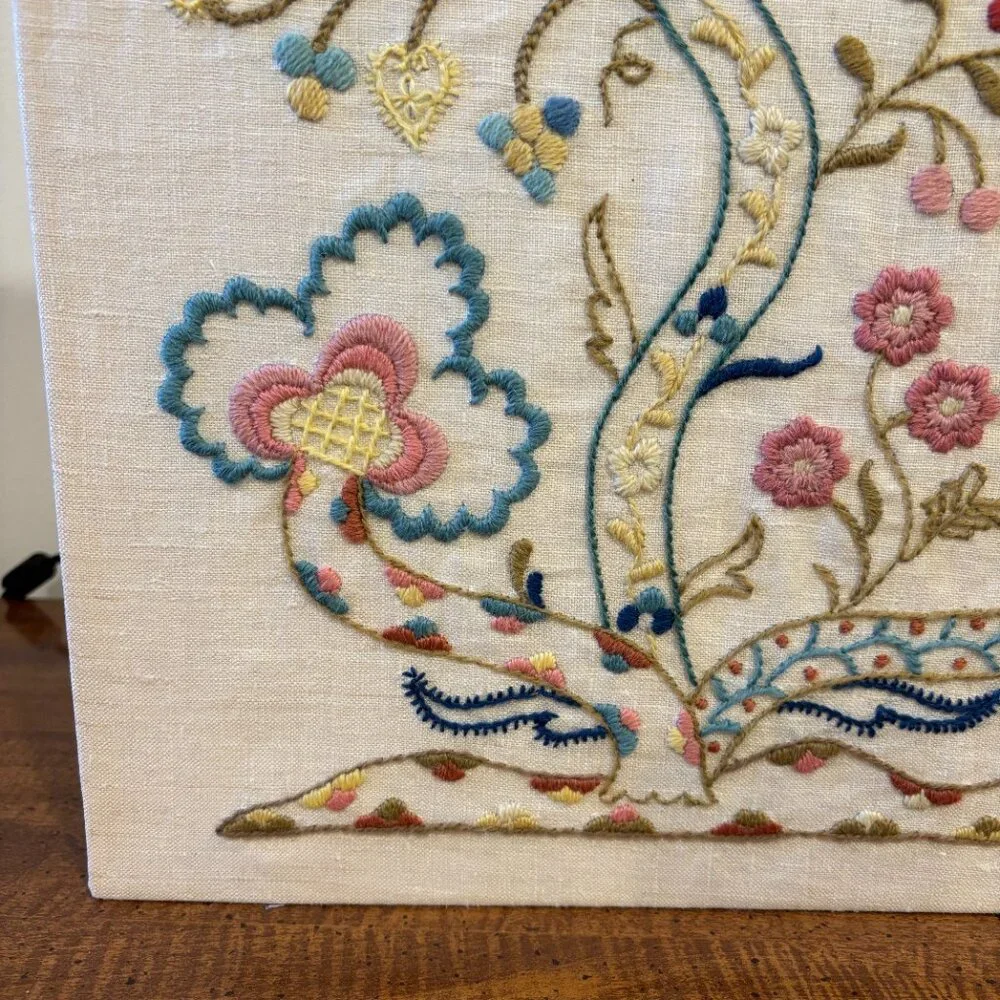 VINTAGE 60s Floral Bird Crewel Stitch Picture Hand Stitched Embroidery Art Piece